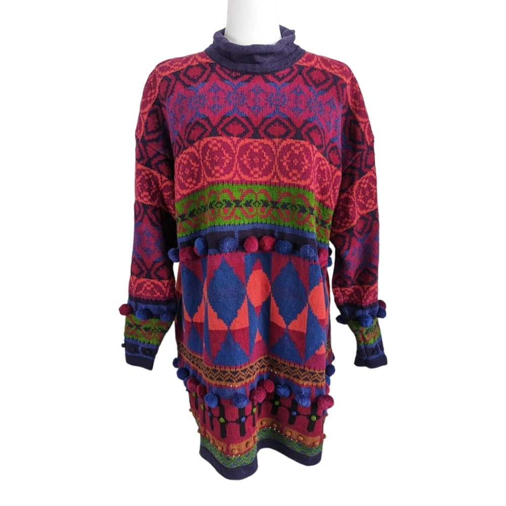 Vintage Saks Fifth Avenue Multicolor Pom Pom Mock Neck Knit Sweater Dress Large